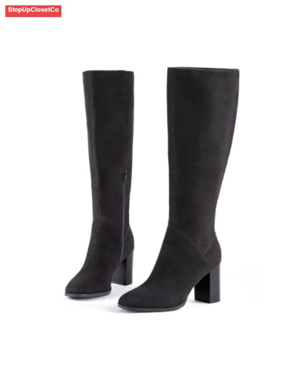 Faux Suede Knee High Boots Square Toe Block Heel Side Zip Wide Calf